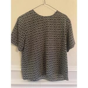 LIZ BAKER Large Top Blouse Greek Key Black Cream Lightweight Shoulder Pad VTG